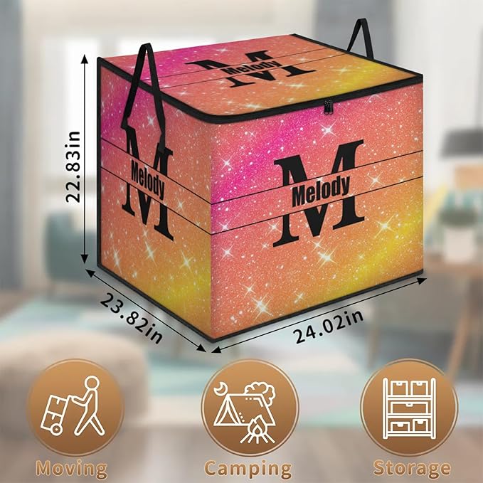 Custom Storage Baskets Cubes for Home with Name Initial letter Large Foldable Organizer Storage Bins for Home Blanket Comforters Clothes Closet Nursery Pink Yellow Orange Bling Shiny Stars