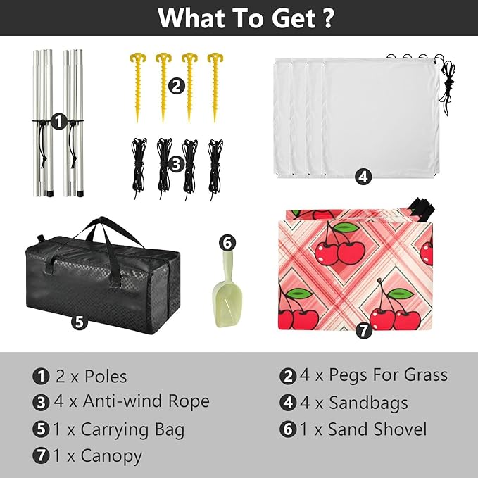 xigua Cherry Beach Tent Sun Shelter with Carrying Bag - Silver Coated Oxford Fabric Beach Canopy for Beach Camping Fishing - Includes Windproof Ropes Sandbags &amp Stakes
