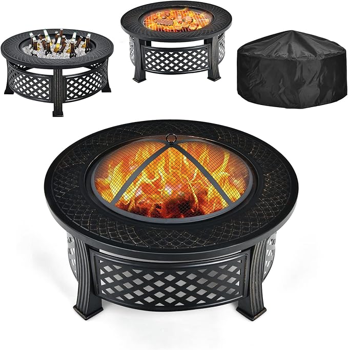 Giantex 3 in 1 Fire Pit 32 Outdoor Wood Burning Fire Pit Multifunctional Round Firepit Stove Metal Fire Bowl with Cover Portable Fire Pits for Outside Heating Bonfire Picnic Grill
