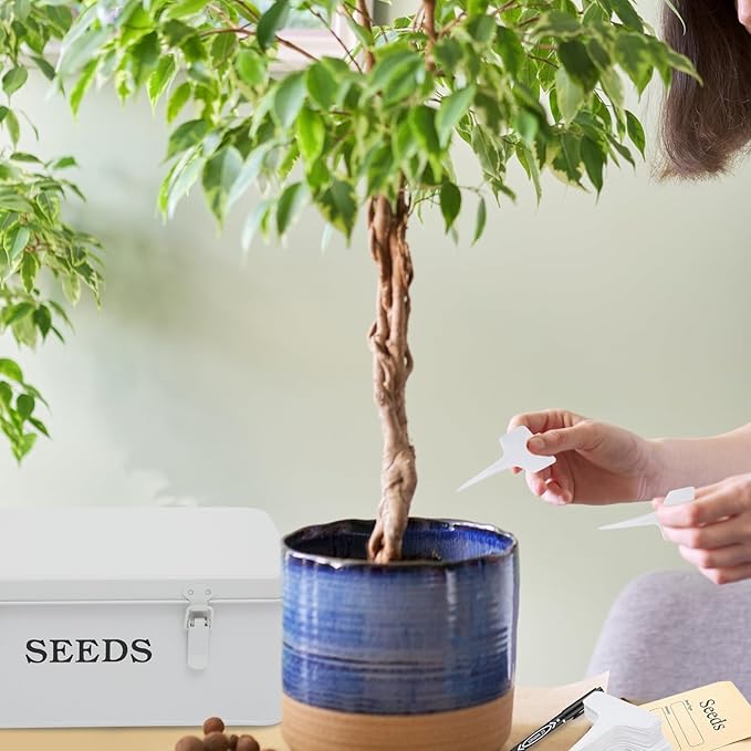 Seed Storage Organizer 4 Compartment Seed Storage Box with Safety Lock Metal Seed Box Container with 2 Pens 20 Plant Labels and 50 Seed Envelopes for Seed Packet &amp Small Garden Tool White
