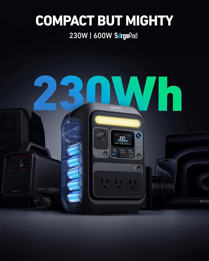 Anker SOLIX C200X Portable Power Station with 60W Solar Panel 230.4Wh LiFePO4 Battery 300W (600W Surge) Solar Generator 140W Two-Way Fast Charging For Outdoor Camping Traveling and Emergencies