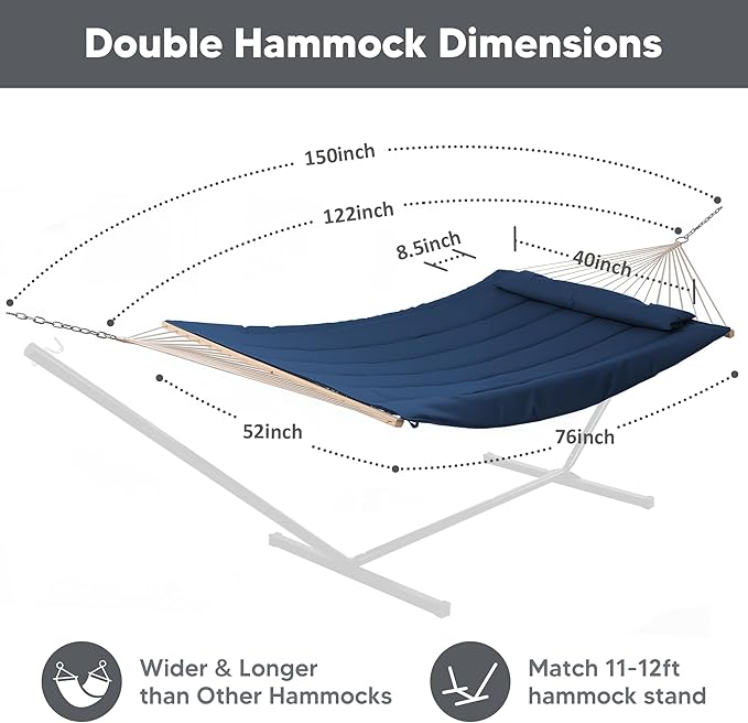 SUNCREAT Hammocks Outdoor Double Hammock with Hardwood Spreader Bar Heavy Duty Cotton Rope Hammock with Polyester Pad Dark Blue