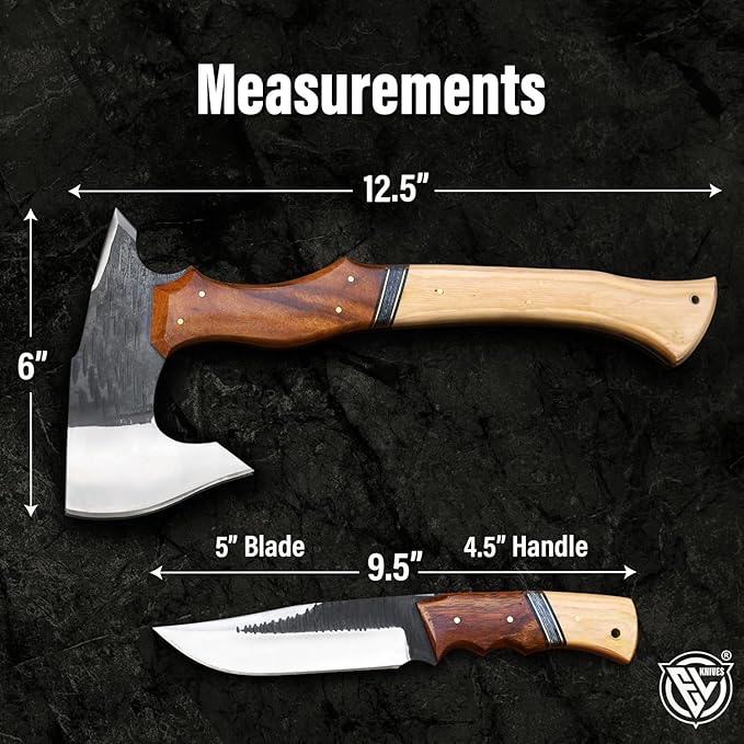 EdgeLandKnives® Hand Forged Tomahawk Throwing Axe and Bushcraft Knife Set Heavy Duty D2 Steel Tomahawk Throwing Axe and Bushcraft Knife Set with Leather Sheath Perfect Combo for Outdoorsmen EL90