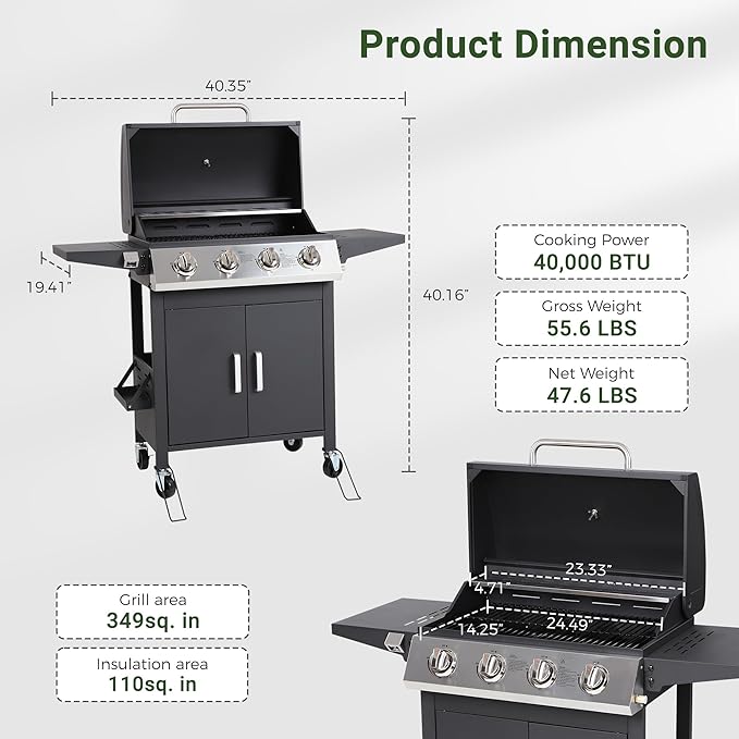 HUGROVE 4 Burner Propane Gas BBQ Grill with Wheels 40000 BTU Output Stainless Steel Barbecue Grill for Backyard &amp Outdoor Cooking Easy to Assemble Foldable Side Tables &amp Spice Rack (Black)