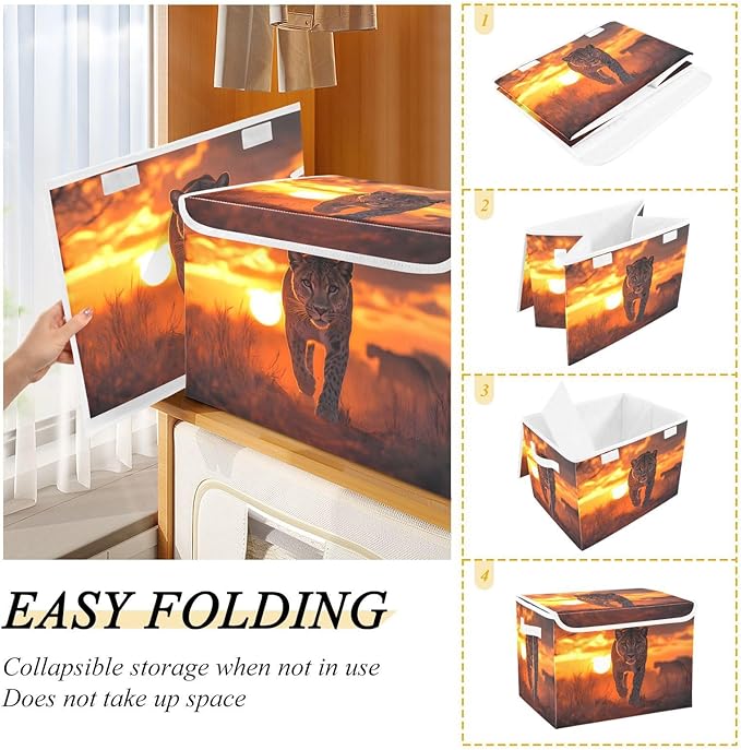 Storage Cube with Lid Sunset Lion Print 16.5×12.6×11.8 IN Collapsible Large Capacity Foldable Storage Basket Bin Organizer