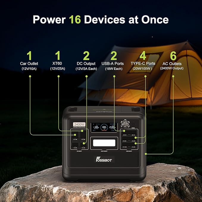 FOSSiBOT F2400 Portable Power Station 2400W 2048Wh LiFePO4 Battery Solar Generator 2H Fast Charging for Home Backup Outdoor Camping RV Emergency F2400 Pro