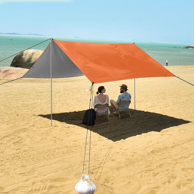 xigua Orange Beach Tent Sun Shelter with Carrying Bag - Silver Coated Oxford Fabric Beach Canopy for Beach Camping Fishing - Includes Windproof Ropes Sandbags &amp Stakes