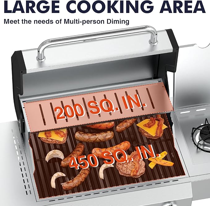 Llamaviva 4 Burner Gas Grill with Side Burner 60000 BTU Propane Flat Top Grill Stainless Steel Outdoor BBQ Grill Portable with Wheels for Patio Camping