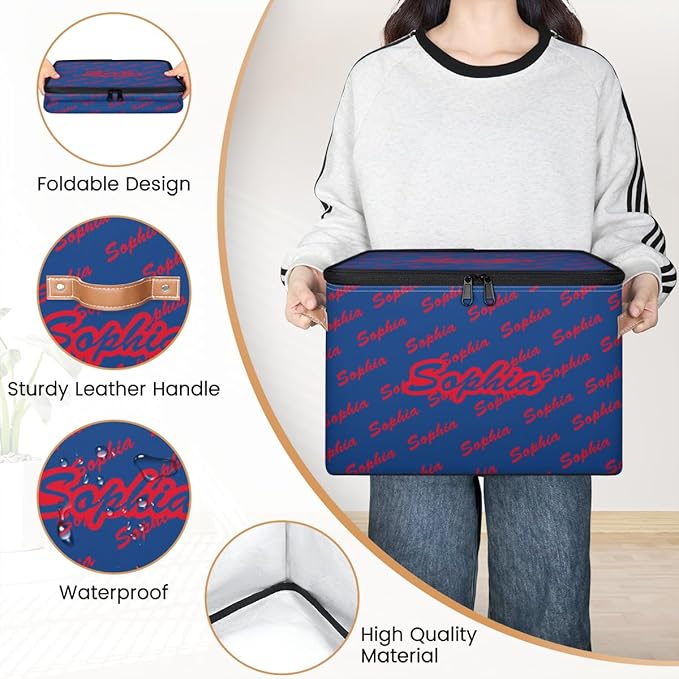 Custom Storage Bins with Zipper Lid Personalized Blue Red Fabric Lidded Storage Baskets Boxes Foldable Cubes Clothes Organizer Container