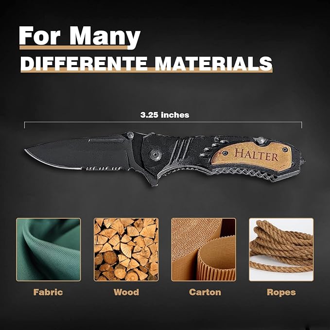 Premium Laser Engraved Folding Pocket Knife Wooden Handle and Gift Box Foldable Camping Knife for Dad Fathers Day