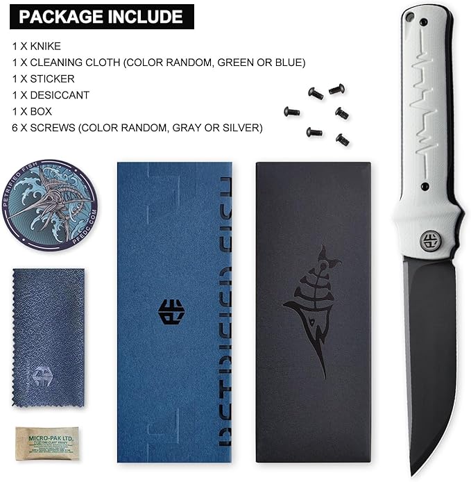 Petrified fish PFB04 Tena Folding Knife 3.82 D2 Steel Black Stonewashed Blade G10 Handle Pocket Folding knife for EDC Camping Outdoor (White Black Stonewashed)
