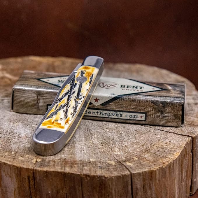 WHISKEY BENT HAT CO. Traditional Trapper Folding Pocket Knife 4.125 Closed Length 440C Stainless Steel Blades (Carved Burnt Bone)