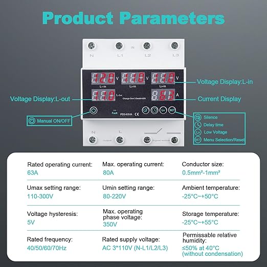 Automatic Transfer Switch 110V 63A Auto Transfer Switch Real-time Monitoring with LED DisplayDin Rail Mount