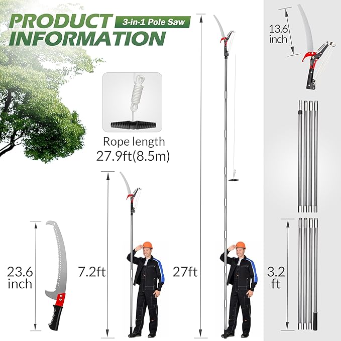 Walensee Pole Saw for Tree Trimming 7.2-27 FT Manual Tree Pruner with 8 Sectional Fiberglass Poles Saw Blade &amp Pruning Scissor Head Adjustable Branch Cutter for Yard Garden with Storage Bag
