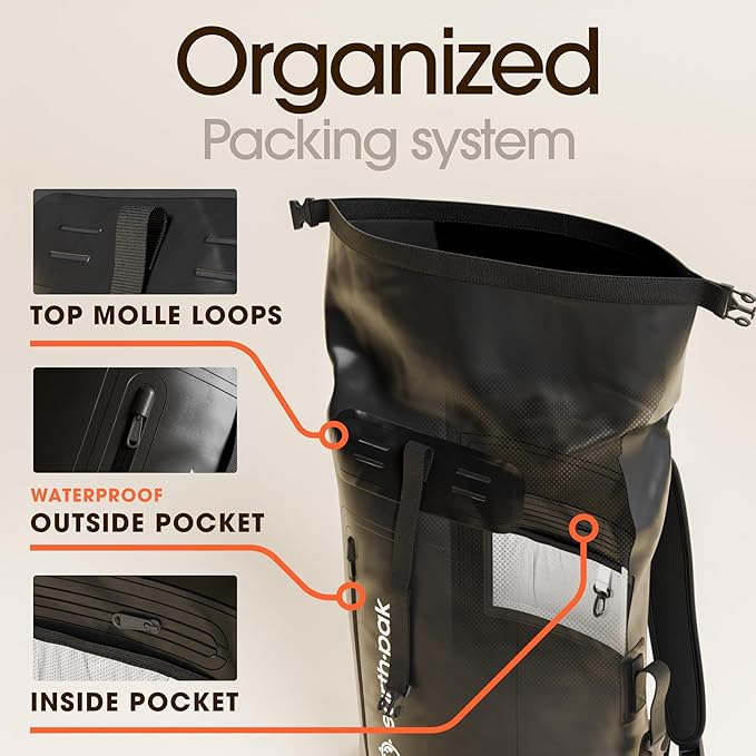Earth Pak Waterproof Backpack - Heavy Duty Roll-Top Closure with Easy Access Front-Zippered Pocket and Cushioned Padded Back Panel for Comfort with IPX8 Waterproof Phone Case