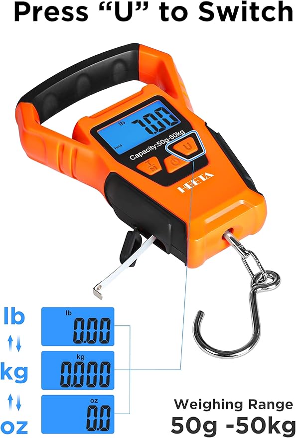 HEETA Waterproof Dry Bag for Women Men (Transparent Blue 5L) Bundled with Waterproof Fish Scale Digital with Backlit LCD Display (Orange)
