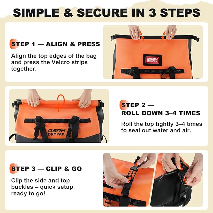OSAH DRYPAK Waterproof Duffel Bag 25L/40L/60L – Heavy-Duty Motorcycle Tail Bag Roll-Top Dry Bag for Travel Camping Boating Kayaking Outdoor Adventure