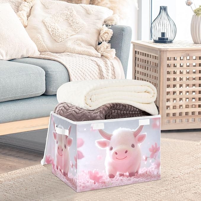 AIXIWAWA Lidded Storage Cube (Cute Cow) Fabric Foldable Closet Bins with Flip Lid and Handles Organizer Basket Container 16.5 x 12.6 x 11.8 IN