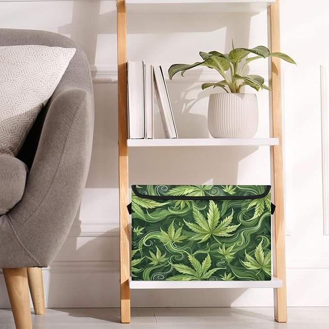 Leaf Storage Bins with Lids Green Leave Foldable Storage Boxes with Carrying Handle Organizer Containers Baskets Cube for Home Bedroom Closet