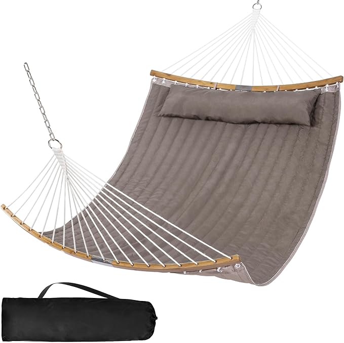 SUNCREAT Hammocks Portable Double Hammock with Curved Spreader Bar 450 lbs Capacity Heavy Duty Outdoor Hammock with Carrying Bag Brown