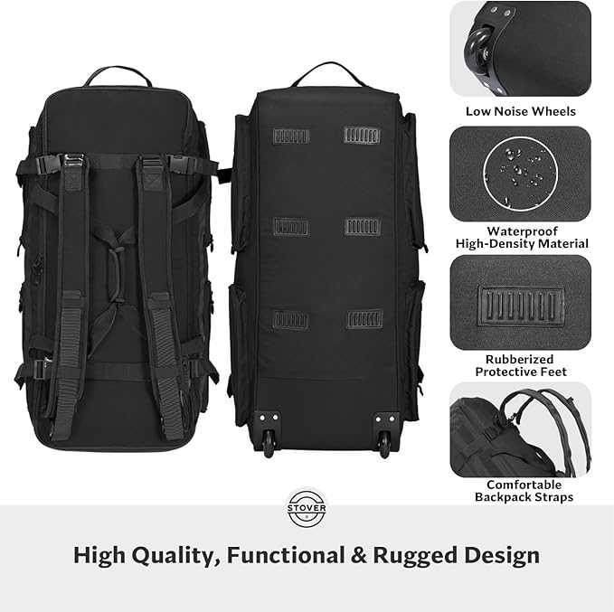 STOVER 45/80/100L U-Zip Rolling Duffel Bag with Wheels X-Large Durable Travel Duffle + Toiletry Bag Lay-Flat Opening Packable w/Shoulder Straps- Use as Luggage or Backpack Men/Women (Black)