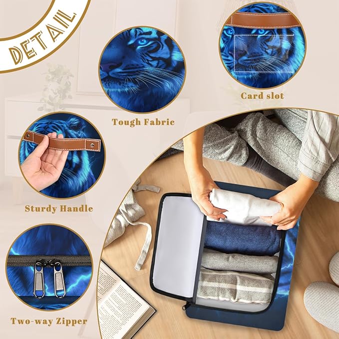 Blue Tiger Storage Box with Lid Cool Powerful Animals Collapsible Storage Bins Baskets Cubes Closet Shelf Clothes Organizer Containers with PU Leather Handles