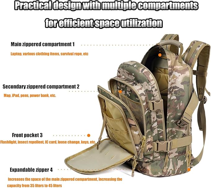 45L Tactical Military Backpack for Men Backpacks Outdoor Bag Large MOLLE Daypack for Rucking Hiking Fishing Camping(Black)