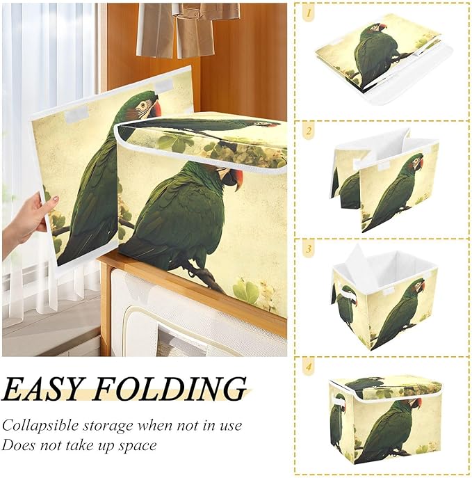 Storage Cube with Lid Parrot Green Print 16.5×12.6×11.8 IN Collapsible Large Capacity Foldable Storage Basket Bin Organizer