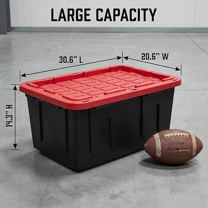 27 Gal Industrial TotePack of 2 red Plastic storage bins with lids for Garage Basement or OutdoorHeavy Duty storage TotesBlack with Red LidStackable &amp Nestable