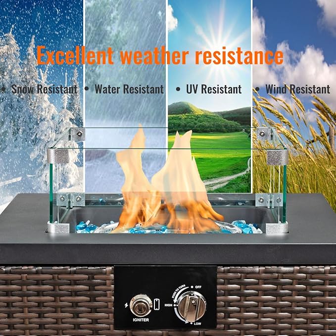 22in Outdoor Propane Gas Fire Pit Table 40000 BTU Auto-Ignition Gas Firepit with Glass Wind Guard Painted Steel Tabletop Mixed Color Glass Rocks Brown PE Rattan