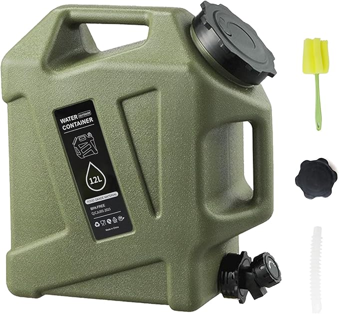 3.2 Gallon Water Jug12L Portable Water Container with Spigot Cleaning Brush Detachable Hose &amp Extra Lid Dual Handles Design BPA-Free Camping Hydration Canteen Outdoor Tank Storage PE - Green