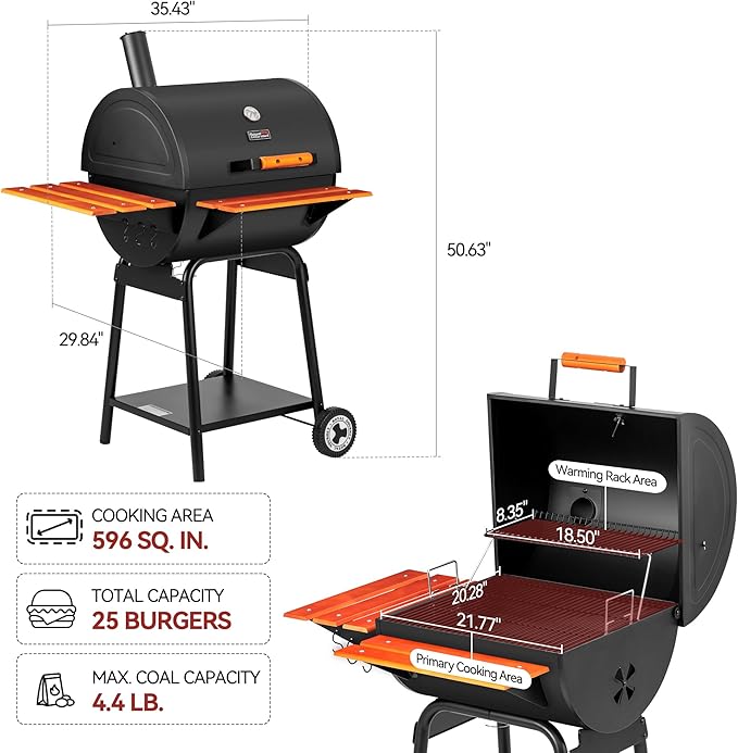 Royal Gourmet CC2024 24 Inch Charcoal Barrel Grill with Warming Rack Outdoor BBQ Grill with Wooden Front and Side Shelves for Backyard Patio and Parties Black