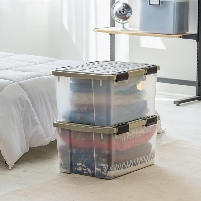 IRIS USA 44 Qt Storage Bins with Gasket Seal Lid 2 Pack - BPA-Free Heavy Duty Moving Containers Tight Latch Weather Proof Tote WEATHERPRO - Clear/Chrome