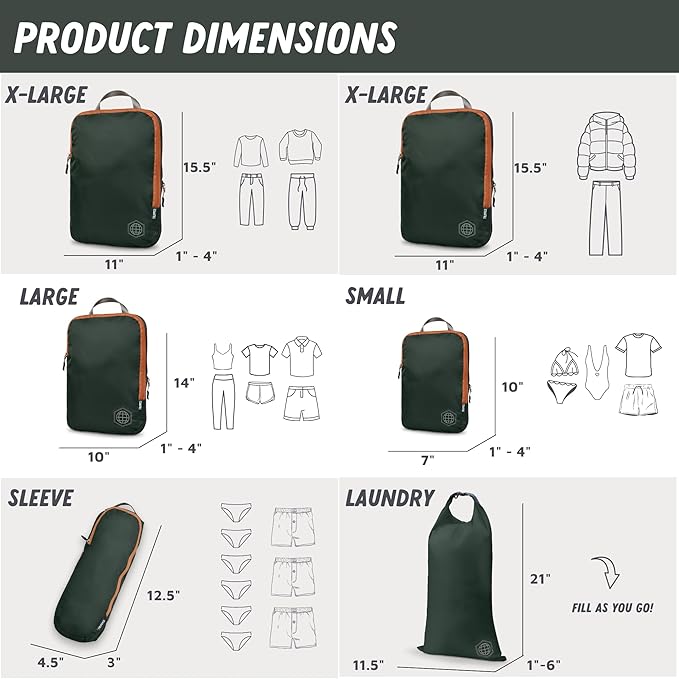 Large Compression Packing Cubes for Travel-Packing Cube Luggage Organizers 7 Piece Set for Checked Luggage-Ultralight Expandable/Compression Bags by TRIPPED Travel Gear (Green and Brown)