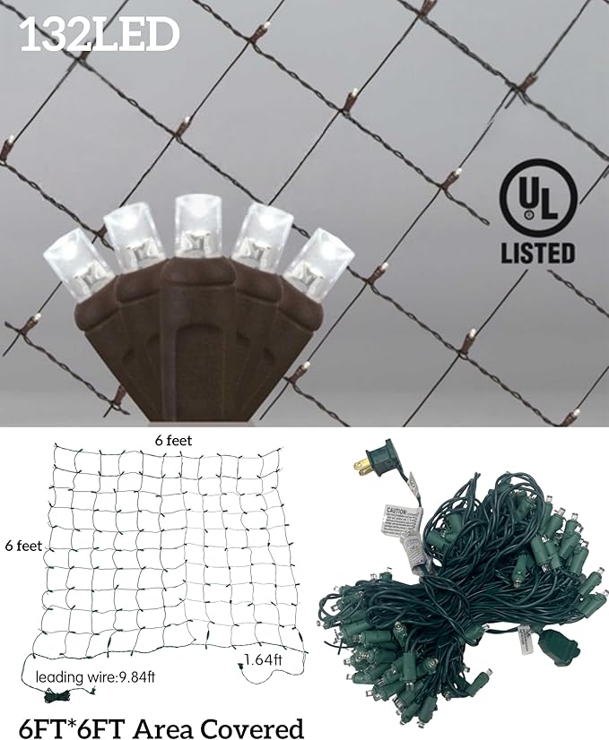 Led Christmas Net Lights for Bushes 132LED 6FT x 6FT Connectable UL Certified Net Lights for Bushes Tree Shrubs Xmas Trunk Green Wire Christmas Decorations