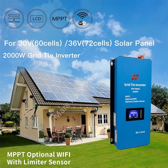 Marsrock Solar 2000W Grid Tie Inverter with Power Limiter LCD Dispay Converts Solar 45-90V DC Input to 240V AC Output Perfectly Suitable for US Standard 2 Phase Grid