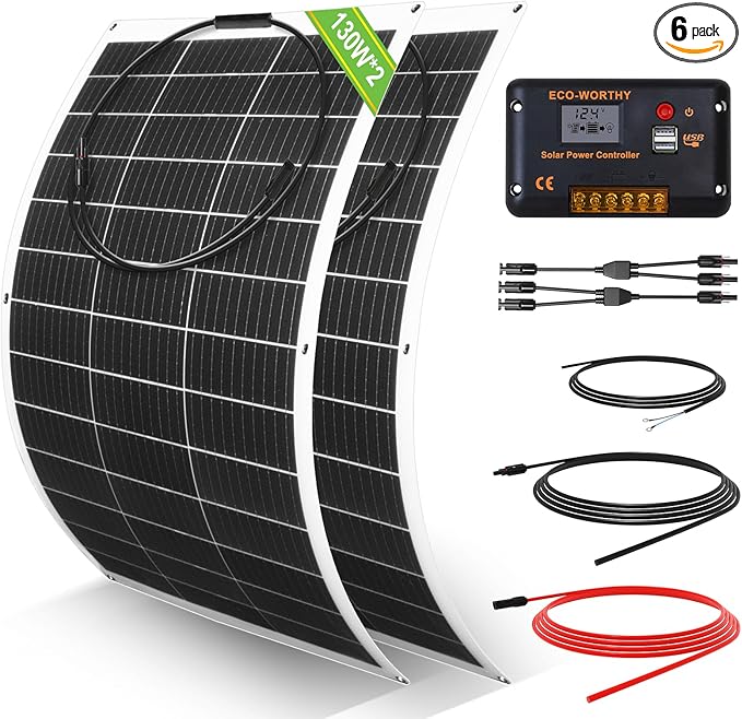 ECO-WORTHY 260Watt 12Volt Flexible Solar Panel Kit for Off Grid Home RV Boat and Uneven Surfaces:2pcs 130W Mono Solar Panel + 30A 12V Charger Controller + Solar Cable + Tray Cable + Y Branch