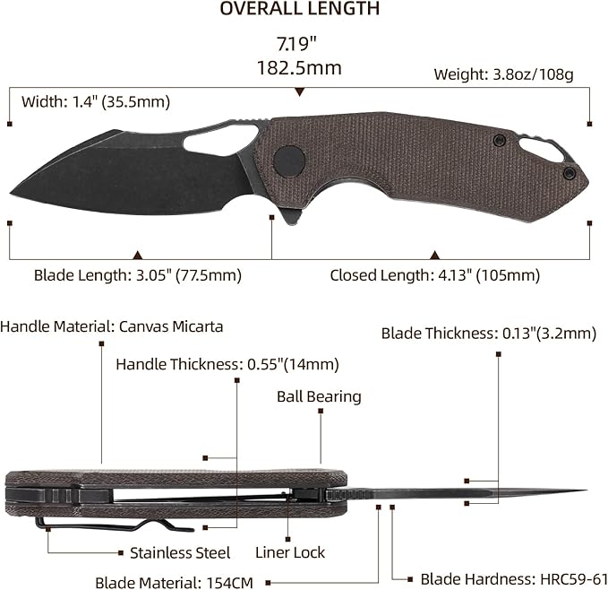 Pocket Knife for Men154CM Steel BladeHunting Knife Camping Folding Knives with for OutdoorSurvivalTacticalHunting and Camping（Green）