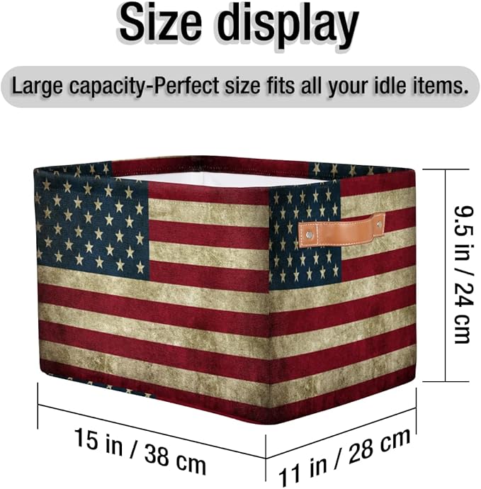 Pardick Storage Basket American USA Flag Large Foldable Organizer Storage Bins for Shelves Sturdy Canvas Cubes Storage Boxes with Handles for Toys Closet Nursery Office Living Room 15 x 11 x 9.5