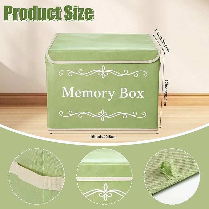 LemonRoad 2Pcs Memory Box Keepsakes for Kid Memory Decorative Storage Box Bin with Lid for Baby Wedding Travel Birthday Anniversary Precious Milestones Gift Loved Ones Treasured 16x12x12'' (Green)