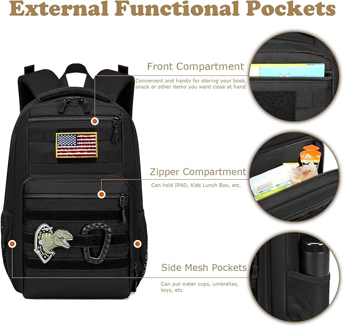 Kids tactical Backpack for Boys School Bag 20L mini Children Backpack for Outdoor Camping Travel (Black)