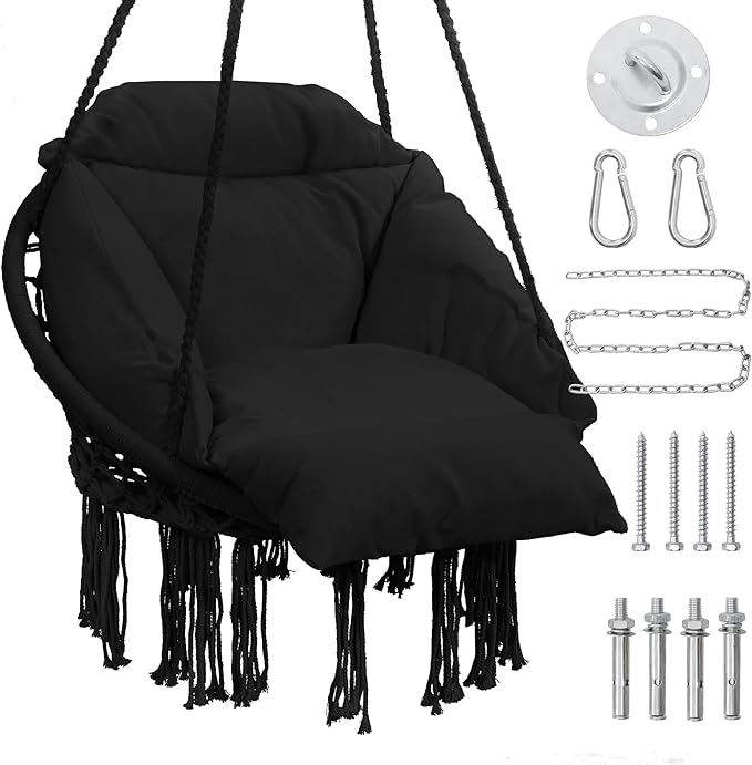 Macrame Hammock Hanging Swinging Chair with Oversized Cushion Perfect for Bedroom Porch Kids Adults Balcony Black