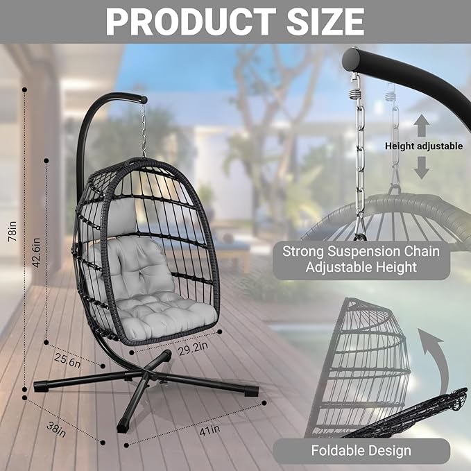 CHABATREE Egg Chair with StandPatio Rattan Wicker Hanging Swing Egg Chair Hammock Chair for Bedroom Porch GardenThickened Aluminum Alloy Steel Frame and UV Resistant Cushion350LBS Capacity