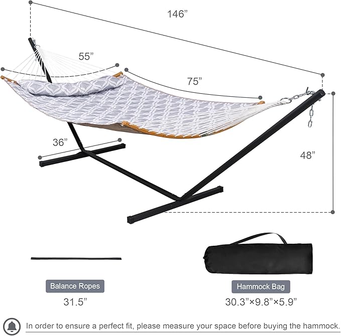 Large Hammock with 12FT Steel Stand Freestanding Hammock with Curved Spreader Bar Pillow and Portable Bag for Outside Gray Ripples