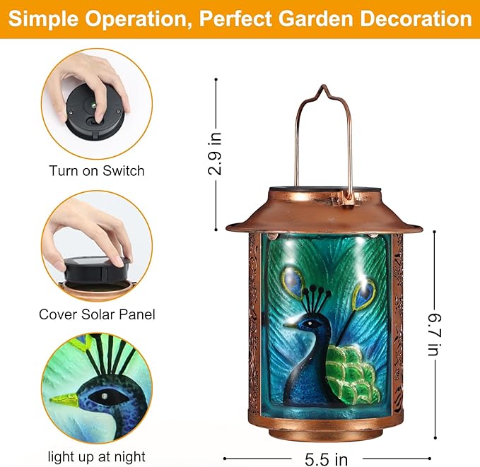 Peacock Solar Lanterns Outdoor WaterproofBirthday Gifts for Women Mom Grandma Garden DecorHanging Solar Lights Wall Mount Decorations for YardFront PorchPatioLawn Pathway Landscape