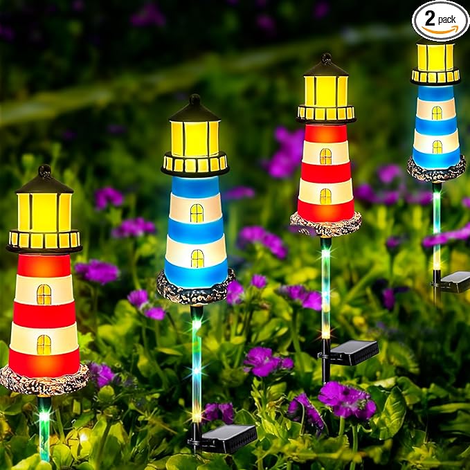 Solar Garden Lights Outdoor Decorations 4 Packs Lighthouse Waterproof Lights walkways Garden Decor for Outside Landscape Light for Yard Patio Pathway Decor Gifts