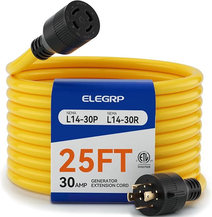 ELEGRP 30 Amp Generator Extension Cord 25 Feet 4-Prong NEMA L14-30P to L14-30R 120/250V Up to 7500W SJTW 10AWG/4C Locking Power Cord for Portable Generators Home Backup UL Standard Compliant