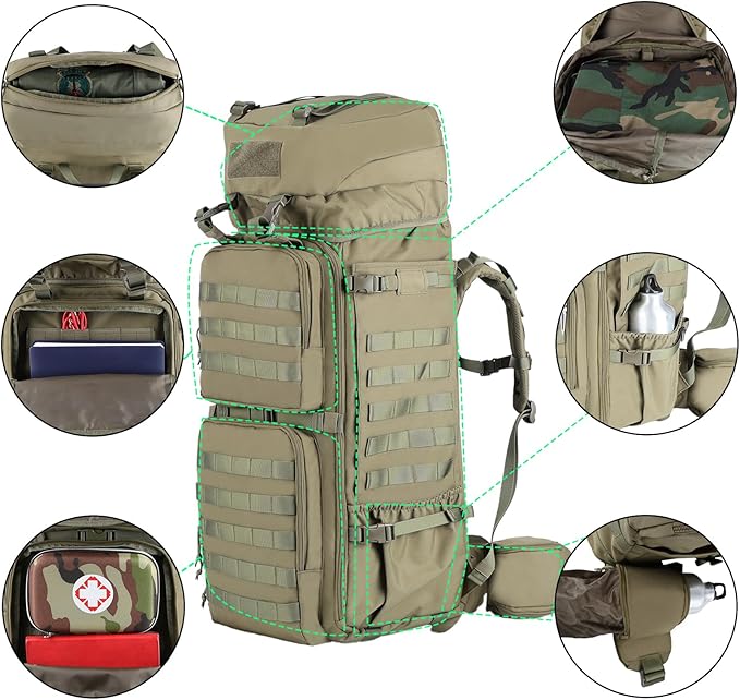 Zsearaymy 75L Hiking MOLLE Backpack with Internal Frame &amp Rain Cover for Tactical Camping Backpacking Survival Travel (OD.Green)