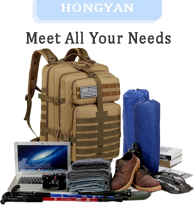Military Tactical Backpack for Men 45L Large 3 Day Assault Pack MOLLE Bag Waterproof Rucksack for Outdoor Hiking Camping Trekking &amp Survival Includes American Flag Patch - Tactical Green