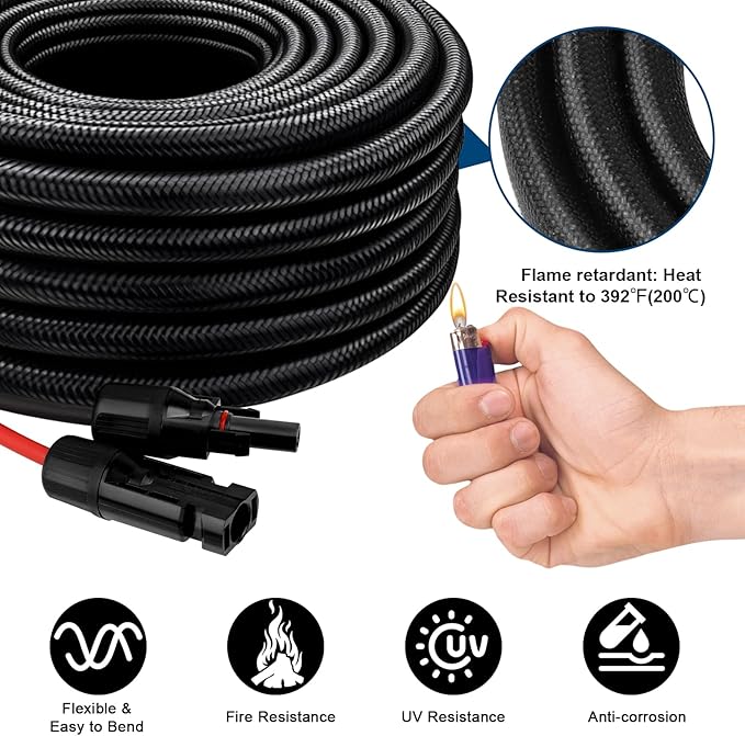 Solar Panel Extension Cable - 10AWG 20FT Solar Wire with Female &amp Male Waterproof Connector Flame Retardant Protective Sleeving PV Wire for RV Photovoltaic Systems Home Boat Solar Panels Car